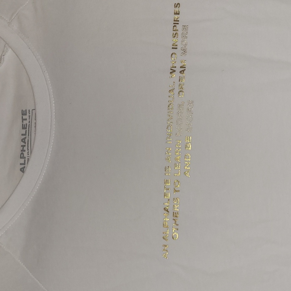 Alphalete mens Performance Legacy shirt white with gold letters size large RARE